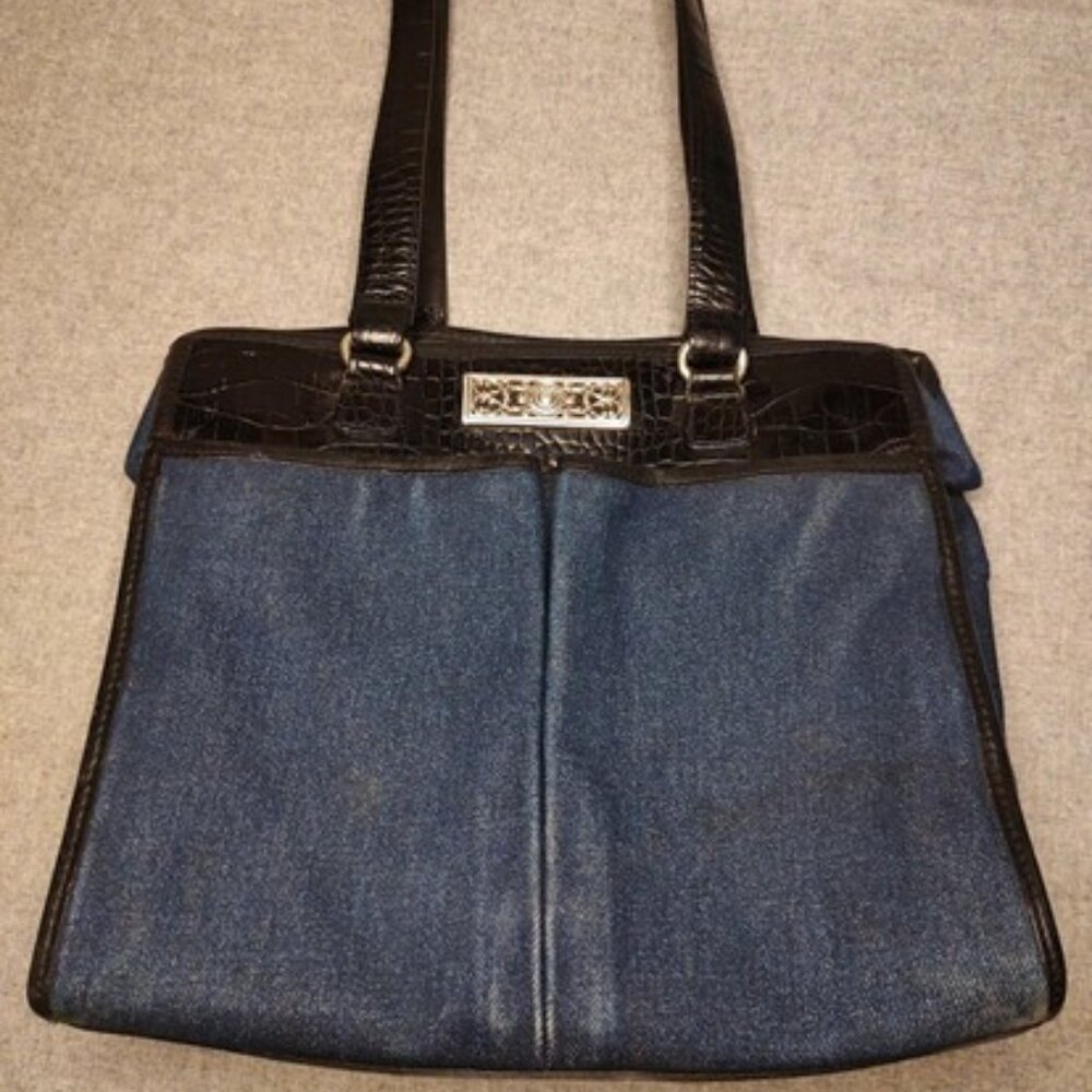 Vintage Brighton Croc Embossed Leather Denim Shoulder Bag Purse Black/Blue